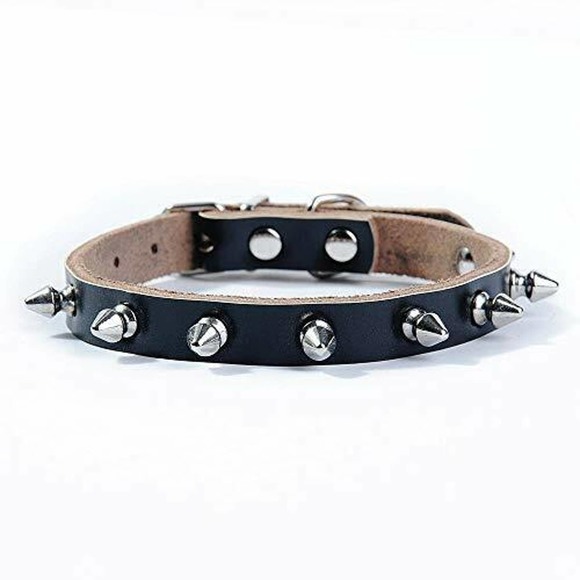 Black Leather Studded Dog Collar with Spikes in Size MEDIUM - Picture 1 of 2